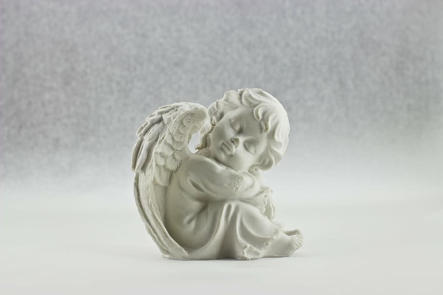 cherub, white, concrete, statuette, angel, heaven, wing, beautiful, isolated, angelic