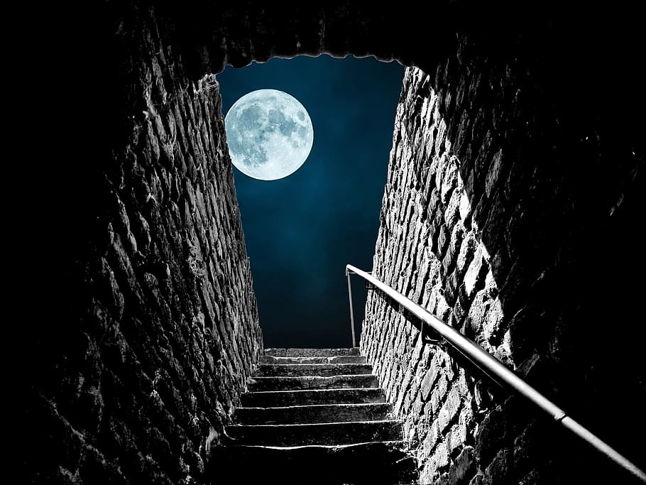 gray, concrete, stairs, full, moon, nighttime, stone stairway, rise, gradually, staircase