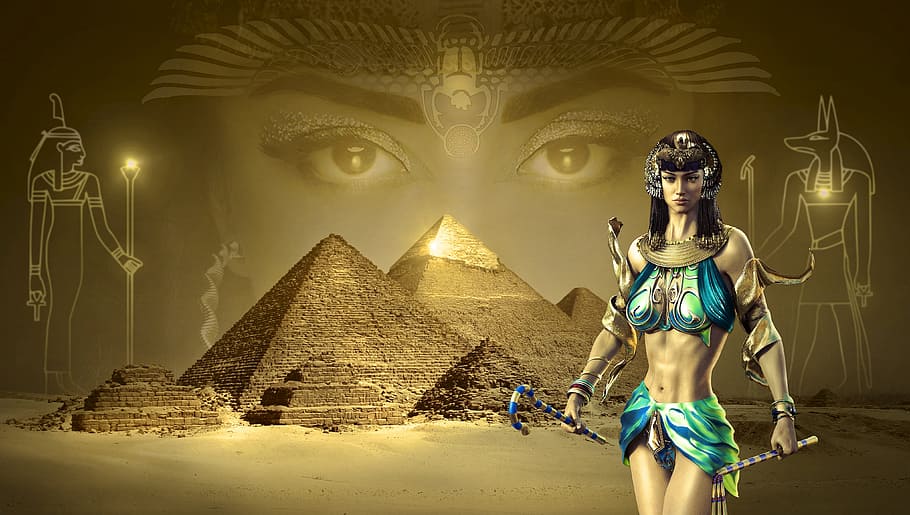 female egyptian illustration, fantasy, egypt, pyramids, desert, sand, sahara, gold, light, stone