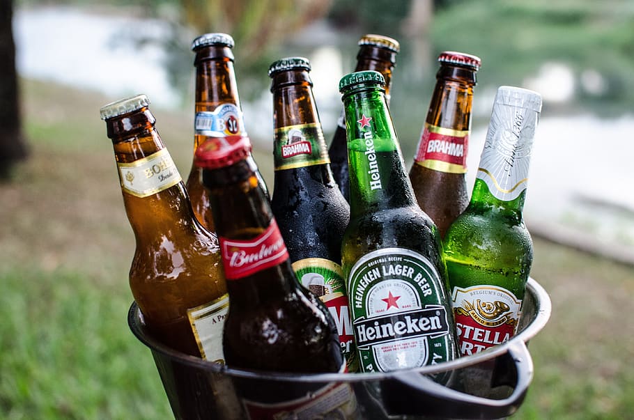 beer bottles, inside, stainless, steel bucket, Beers, Bucket, Cold, drink, bottle, alcohol