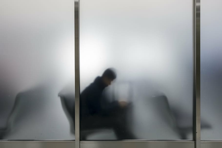 silhouette, man, behind, frosted, glass window, airport, passenger, waiting, travel, flight