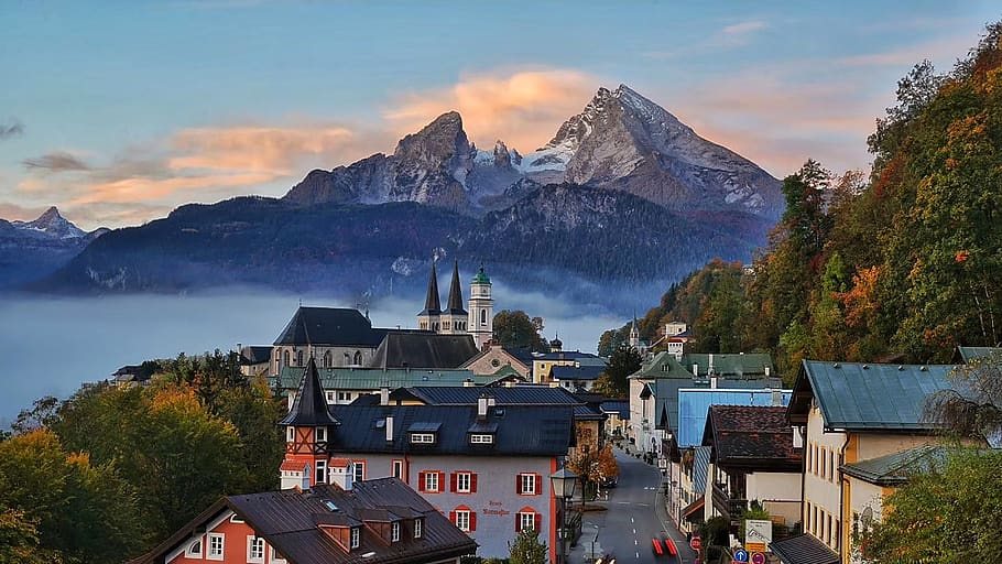 deutschland, berchtesgaden, watzmann, town, church, building exterior, built structure, architecture, mountain, sky