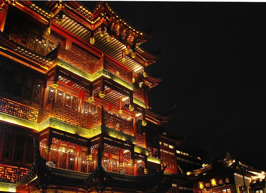 china, shanghai, illumination, nocturne, building, old town, building exterior, architecture, night, illuminated