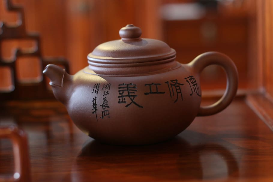伝統的, ポット, 紫, 茶, 飲み物, アジア, スタイル, 粘土, ティーポット, 文化