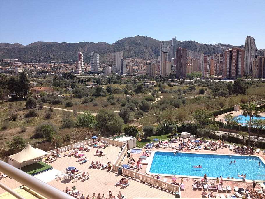 arial view, city, buildings, Benidorm, Holiday, Pool, Sunshine, people, resort, tourism