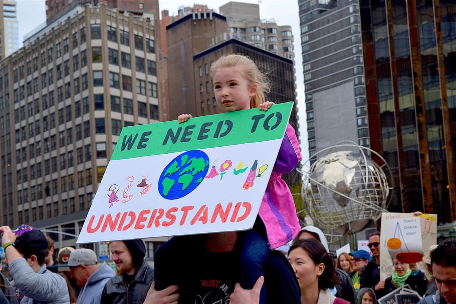 girl, sitting, man, shoulder, holding, need, understand, signage, march for science, earth day