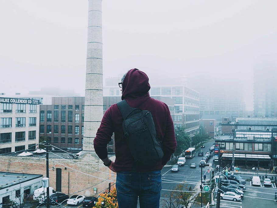 person, facing, concrete, building, people, man, hoodie, jacket, urban, city