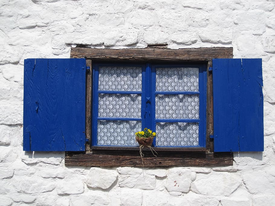 閉じた青い窓からす, 窓, カーテン, クラップラデン, ファッサンド, 石積み, アルザス, 古い, デコ, 家の正面