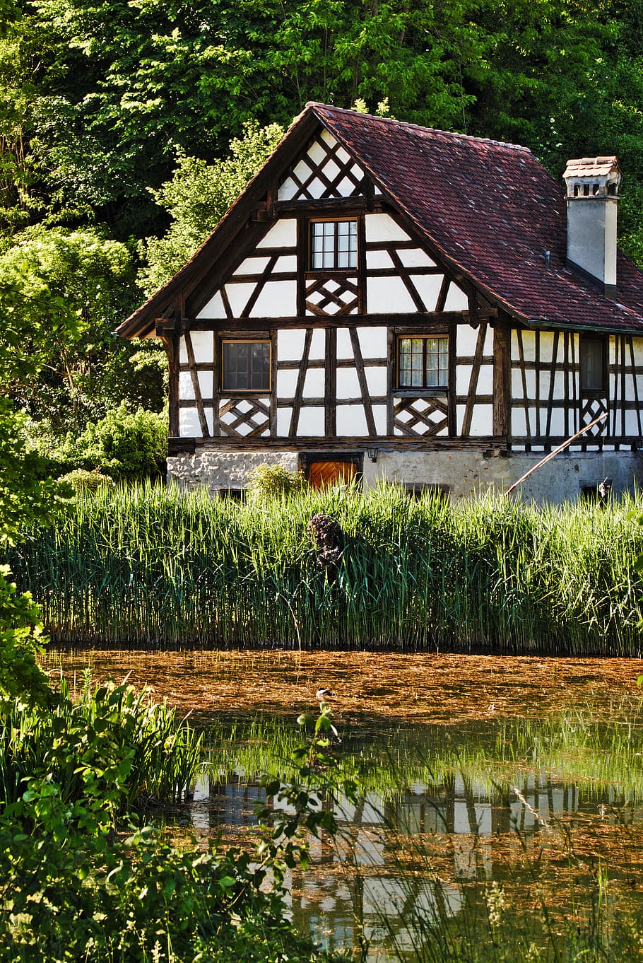 house, truss, fachwerkhaus, old, pond, mirroring, rustic, built structure, architecture, water