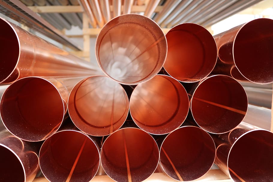 copper, pipes, metal, roof, construction, color, house, tube, industry, large group of objects