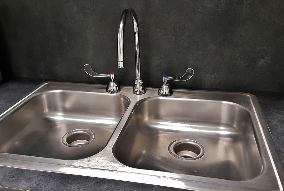 gray, stainless, steel, twin, sink, faucet, basin, kitchen sink, tap, drain