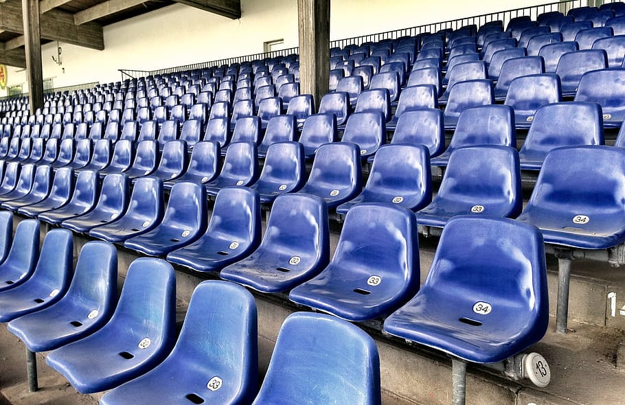 blue, plastic bench chairs, sit, grandstand, theater, football stadium, audience, viewers, watch, sport