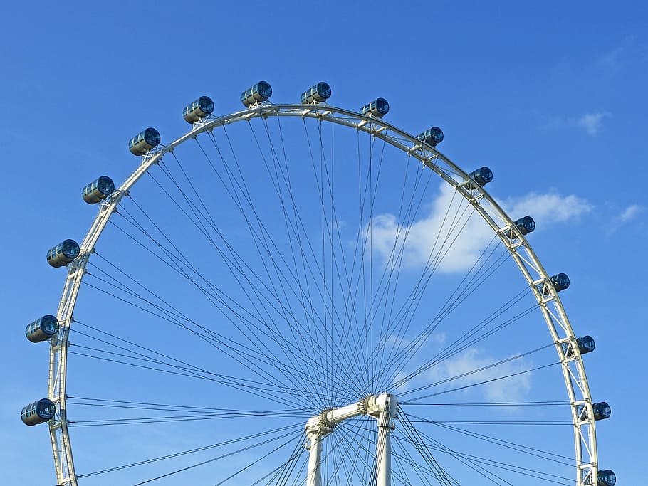 singapore flyer, big wheel, river, skyline, blue sky, clouds, circle, ferris Wheel, blue, sky