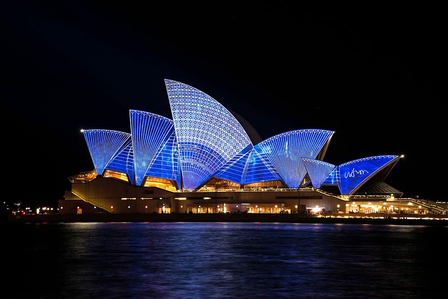 iluminado, noite, novo, sul, país de gales, Sydney Opera House, à noite, Nova Gales do Sul, Austrália, arquitetura