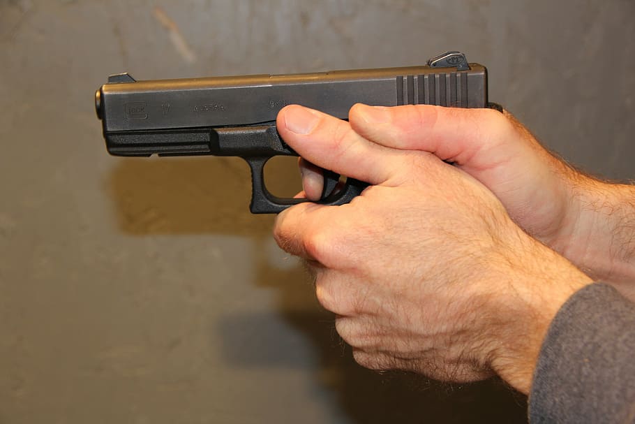 person, holding, black, semi-automatic, pistol, gunpoint, handgun, firearm, arms, weapon