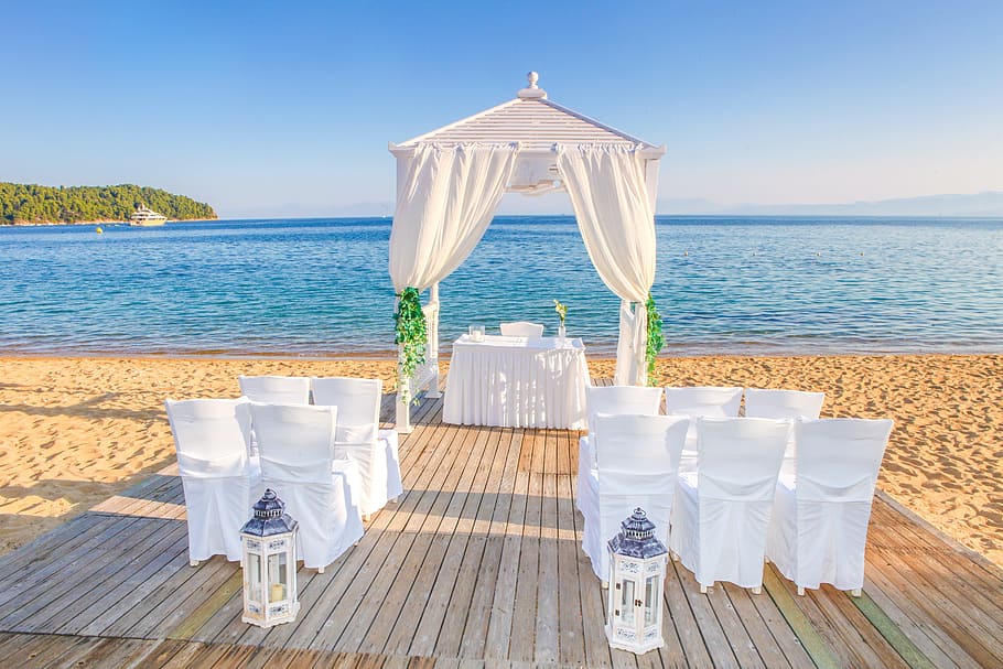 white, wedding beach, set, wedding, marriage, tables, chairs, gazebo, beach, sunshine