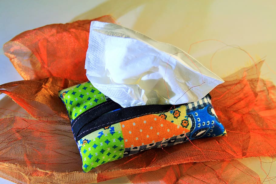 tissue holder, holder, handmade, material, tissue, white, indoors, close-up, still life, multi colored