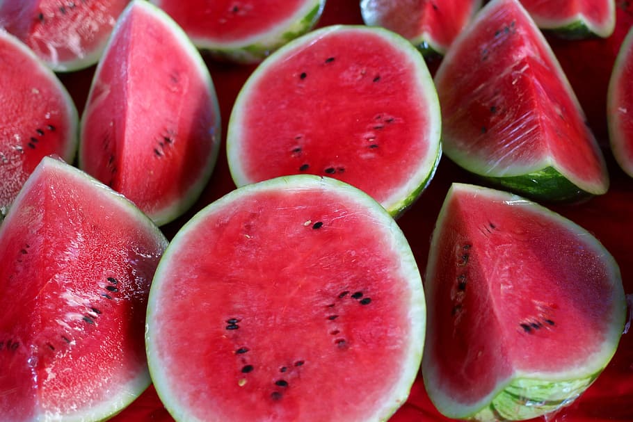 slice watermelons, watermelons, melons, water, healthy, fruit, red, food, eating, colorful