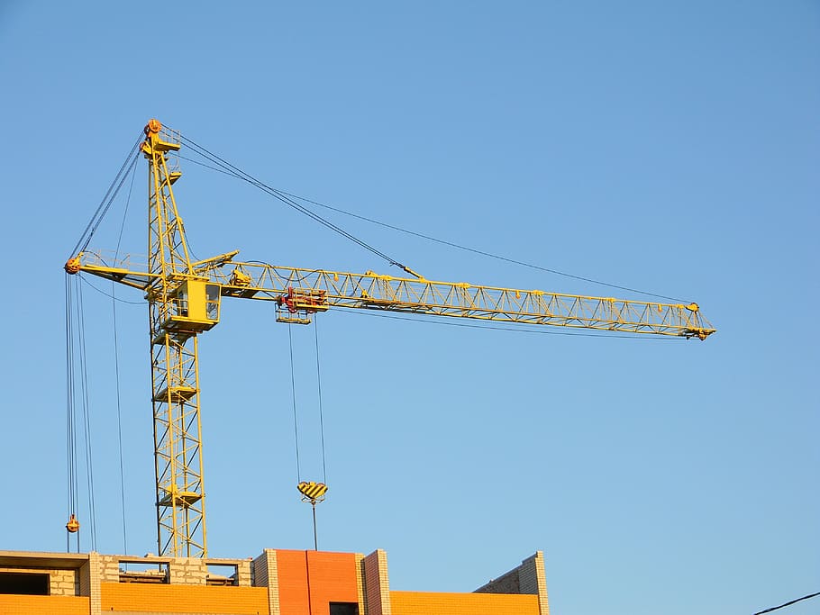 yellow crane, construction, crane hoisting, jib crane, multi-storey building, building, house, home construction, development, new house
