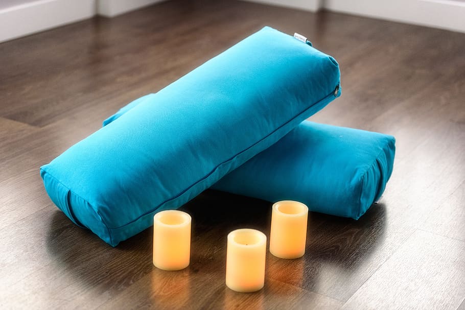 three, white, candles, two, blue, pillows, brown, surface, Yoga, Bolster