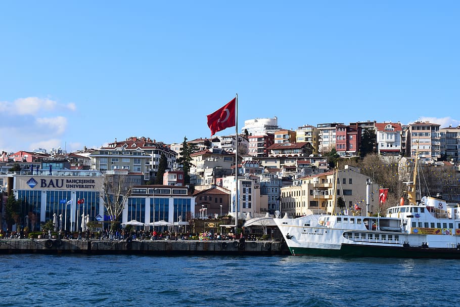 Mar, Estambul, ciudad, Bósforo, barcos, ferry, Turquía, puerto, primavera, bandera