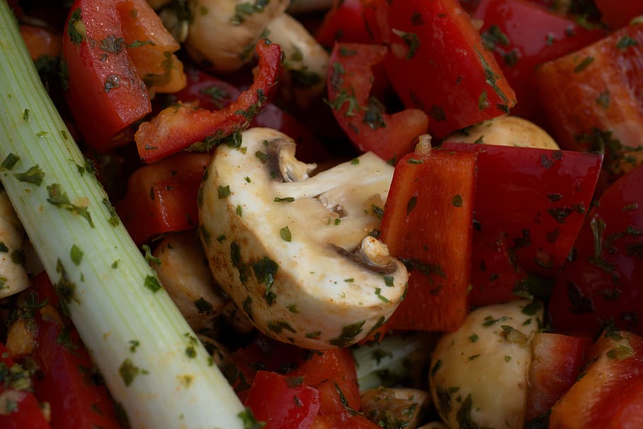 spring onion, party, spices, paprika, salad, grill, barbecue, mushroom, vegetables, fresh