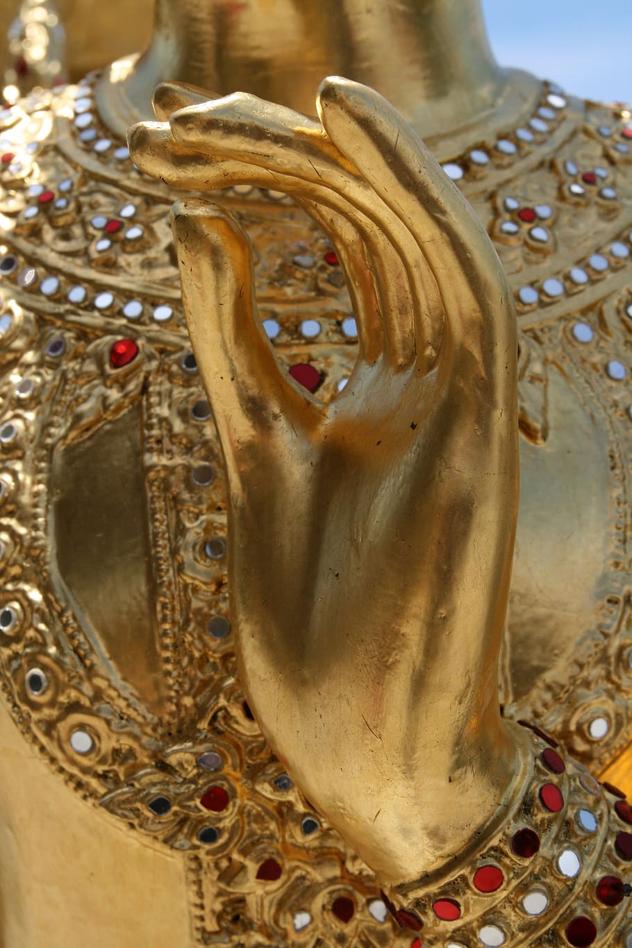 gold statue hand, hand, thumb, pray, gold, sculpture, buddhism, faith, religion, temple