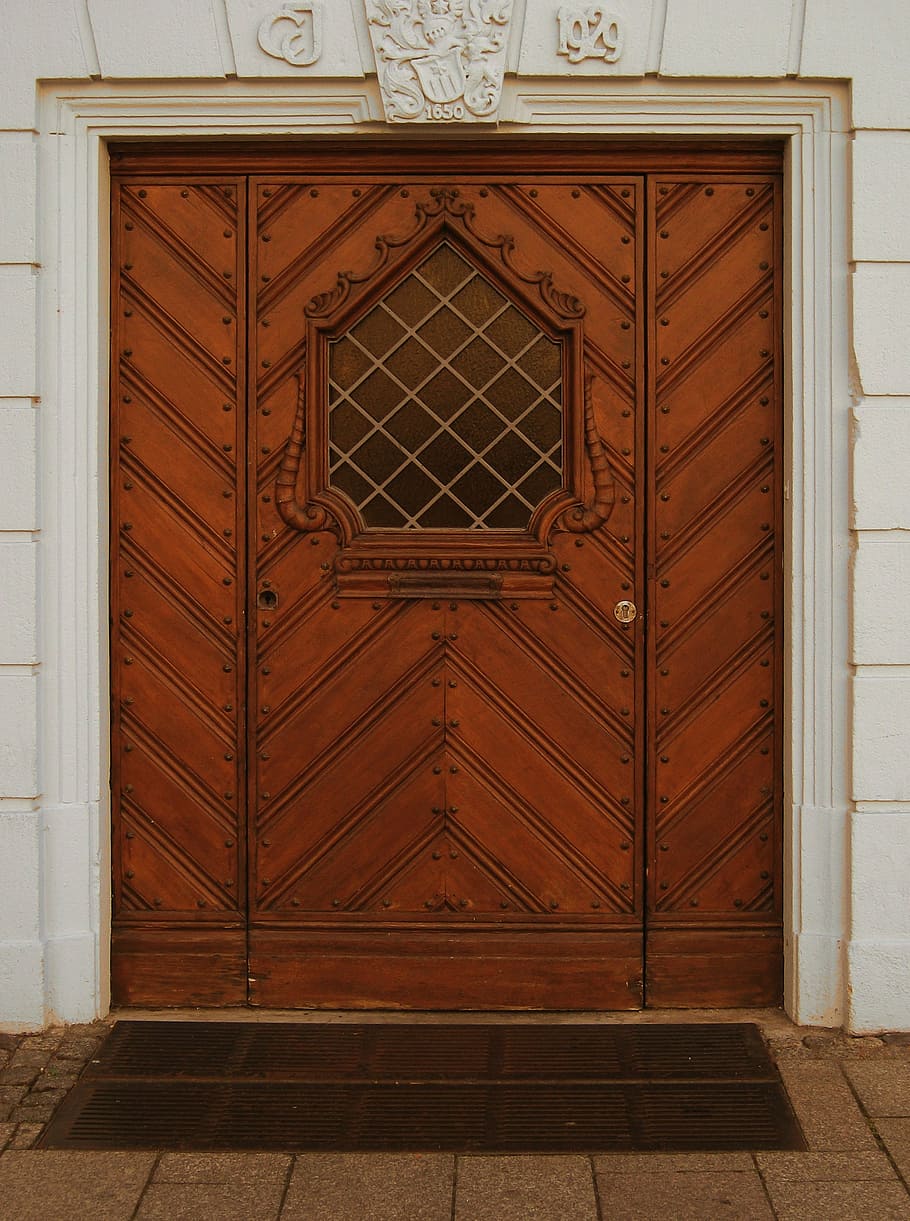 selectivo, foto de enfoque, marrón, madera, puerta, portal, puerta de entrada, pared, ventana, mirilla