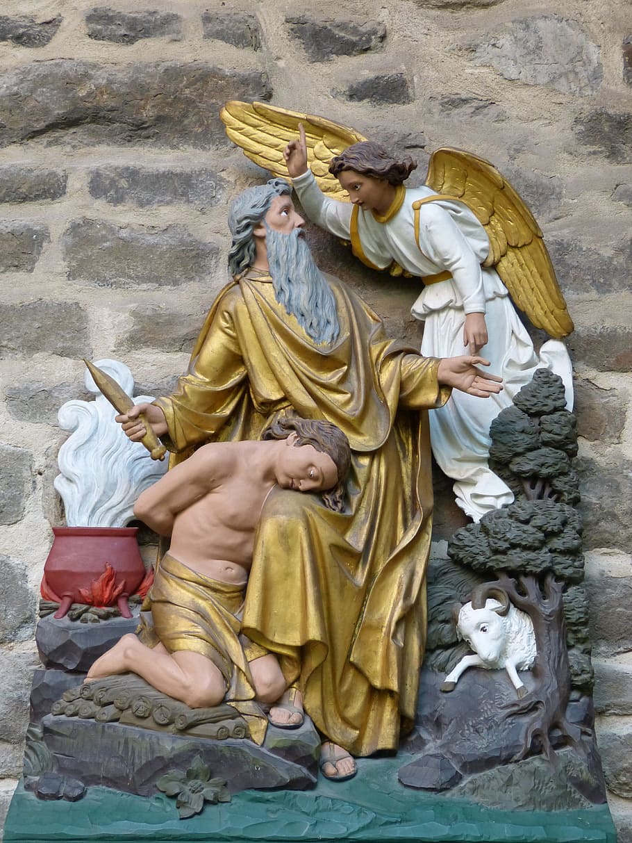 nativity scene figures, figures, church, relief, angel, abraham, isaac, sacrifice, knife, victims