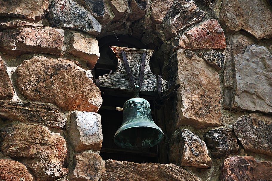 Bell, Percussion, Sound, Metal, vibration, stone wall, afternoon, building, southwestern, church bell
