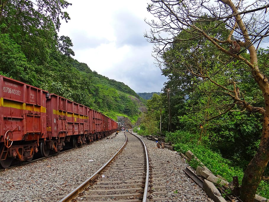 railroad, mountains, western ghats, sahyadri, forest, goods train, india, railroad track, tree, transportation