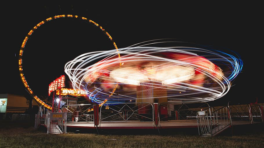 time lapse photography, white, red, lights, photography, carousel, ferris, wheel, dark, night