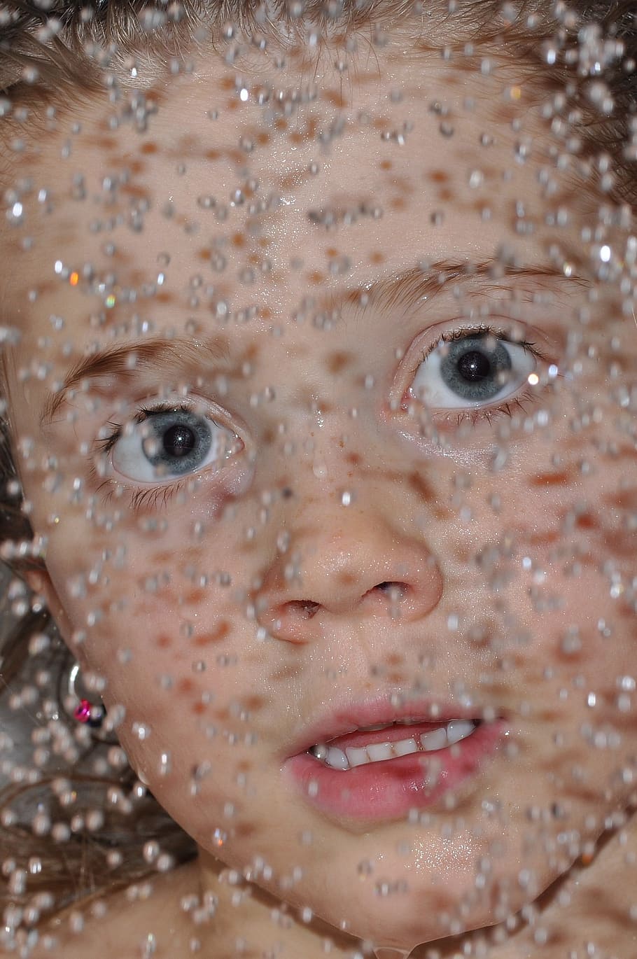 child, girl, shower, drop of water, beaded, face, portrait, eyes, amazed, surprised
