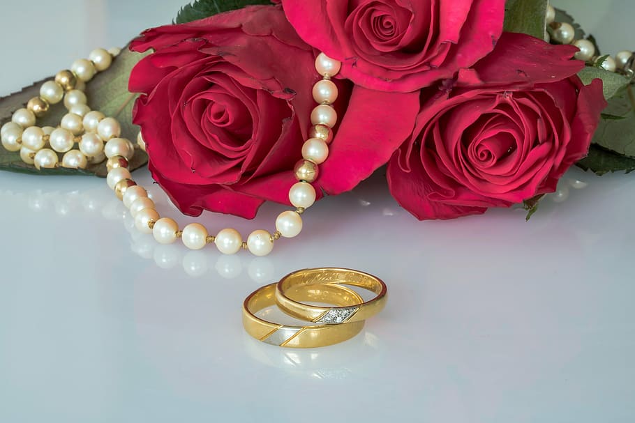 two, gold-colored ring, red, rose, wedding rings, rings, gold rings, roses, pearl necklace, string pearl necklace