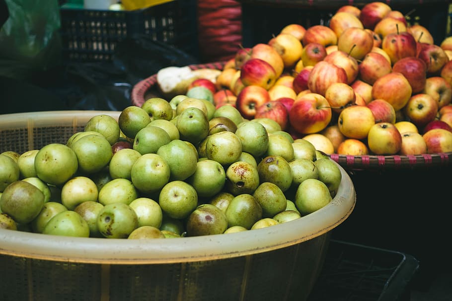 manzanas, mercado, Pequeño, manzana, fruta, manos, afuera, comida, frescura, manzana - Fruta