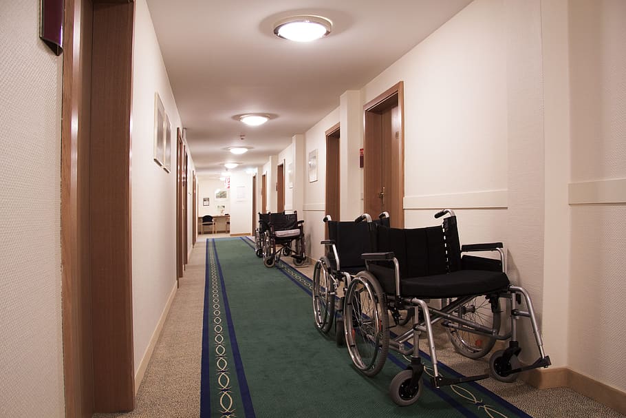 várias, cadeiras de rodas, corredor, reabilitação, quadrilha, andar, cadeira de rodas, classificação, deficiência, barreira