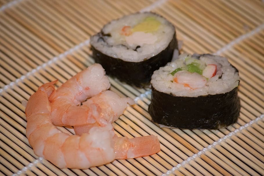 Sushi, camarones, cena, japonés, comida, arroz, algas, almuerzo, roll, cocina