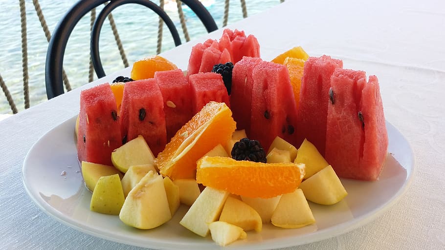 buah, makanan, nampan, restoran, keranjang buah, makan, apel, jeruk, makanan dan minuman, makan sehat