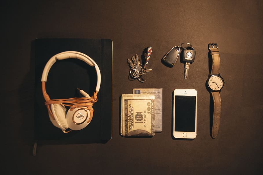 blanco, marrón, con cable, auriculares, plata iphone 5, 5s, knoll, reloj, teléfono, computadora portátil