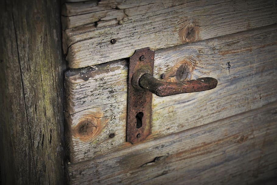 rust, entrance, closed, weathering, blocked, door handle, target, handle, wooden, safety