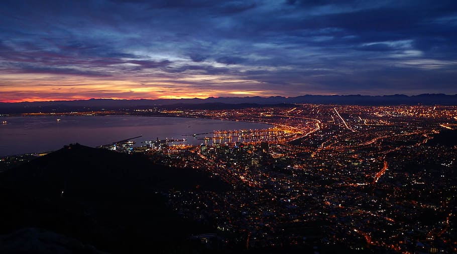 aerial, view, cityscape, golden, hour, cape town, lions head, south africa, sunrise, travel
