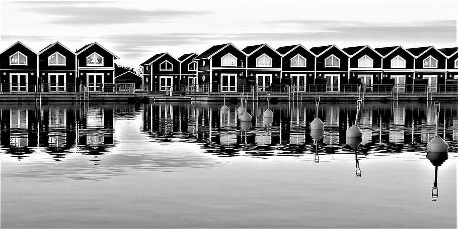 casas de botes, lago, puerto, puerto deportivo, vänern, agua, puesta de sol, casa de botes, dalsland, puerto de sunnanå