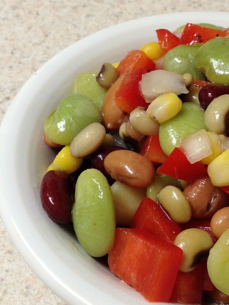 assorted, fruits, white, bowl, bean salad, beans, pinto beans, black-eyed peas, black eye peas, lima beans