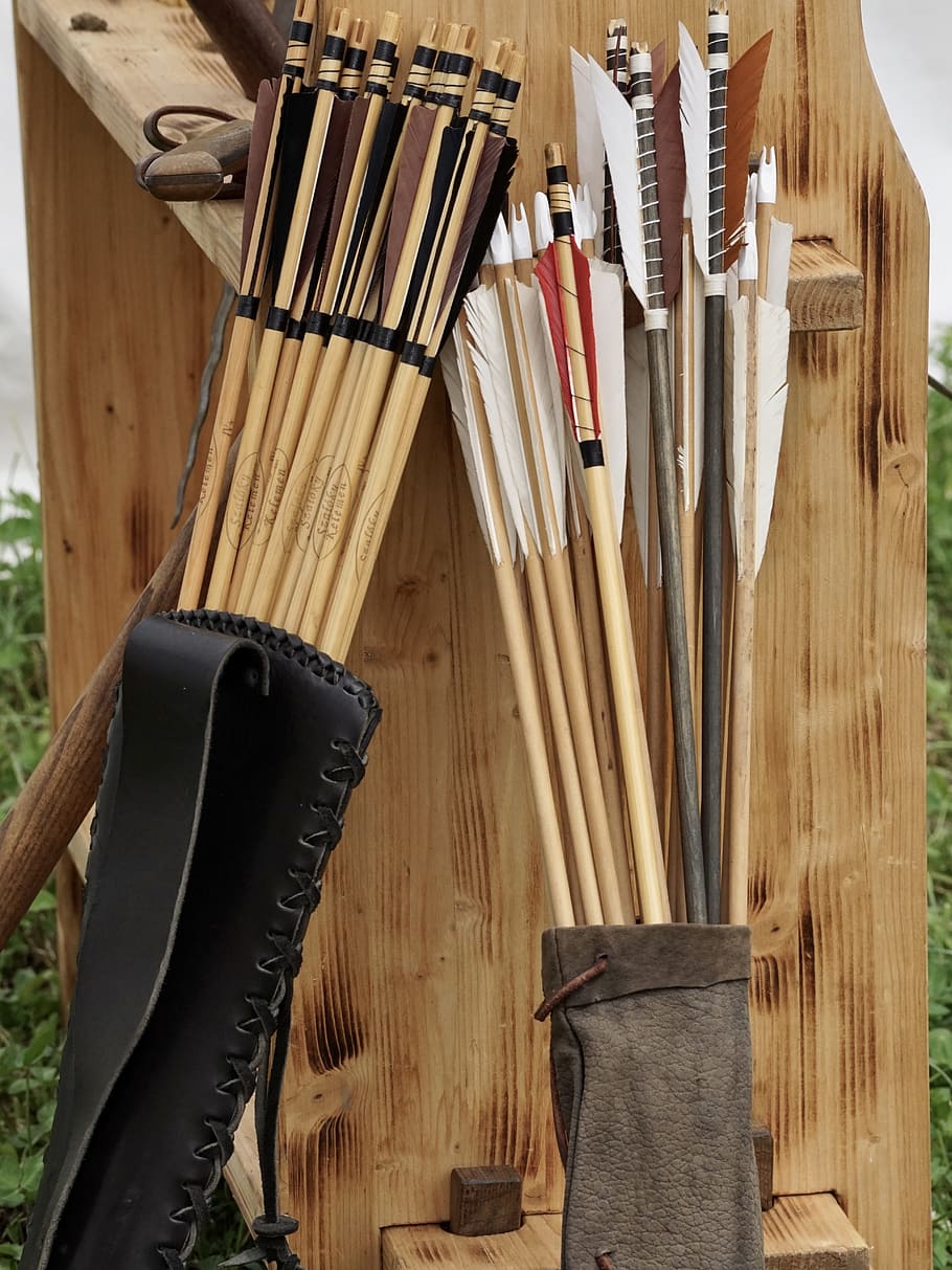 brown, arrows, leather quivers, quiver, archery, arrow bow, objectives, shoot, traditionally, historically