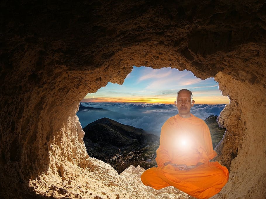 man, posing, meditation, pose, inside, cave, buddhist, monk, buddhism, enlightenment