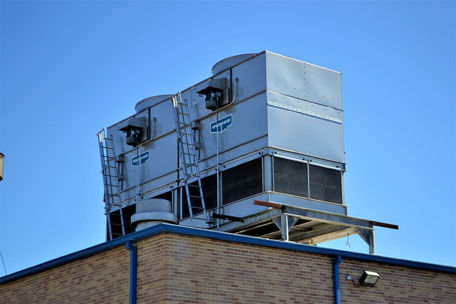 grey, metal container, top, building roof, cooling, system, air conditioner, technology, roof, mounted