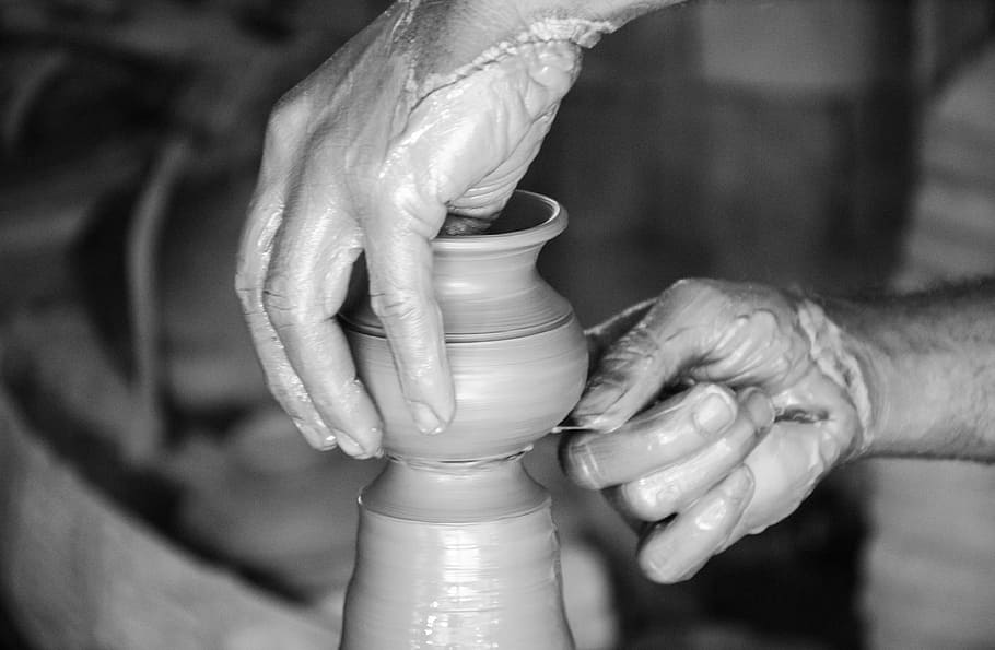 make, soil, pot, hand, human hand, human body part, craft, pottery, spinning, clay