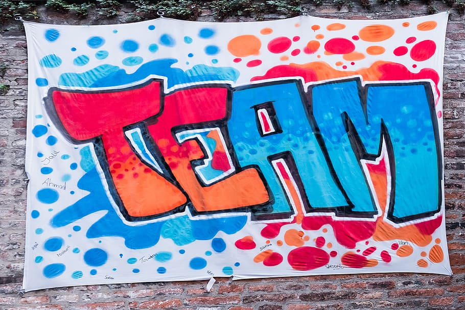 graffiti, team, wall, brick, red, blue, manager, teamwork, coach, skills