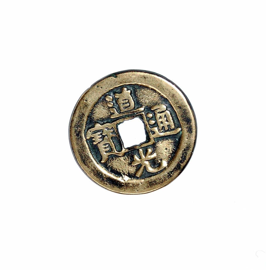 round gold ching coin, round, gold, ching, coin, chinese, china, money, white, background