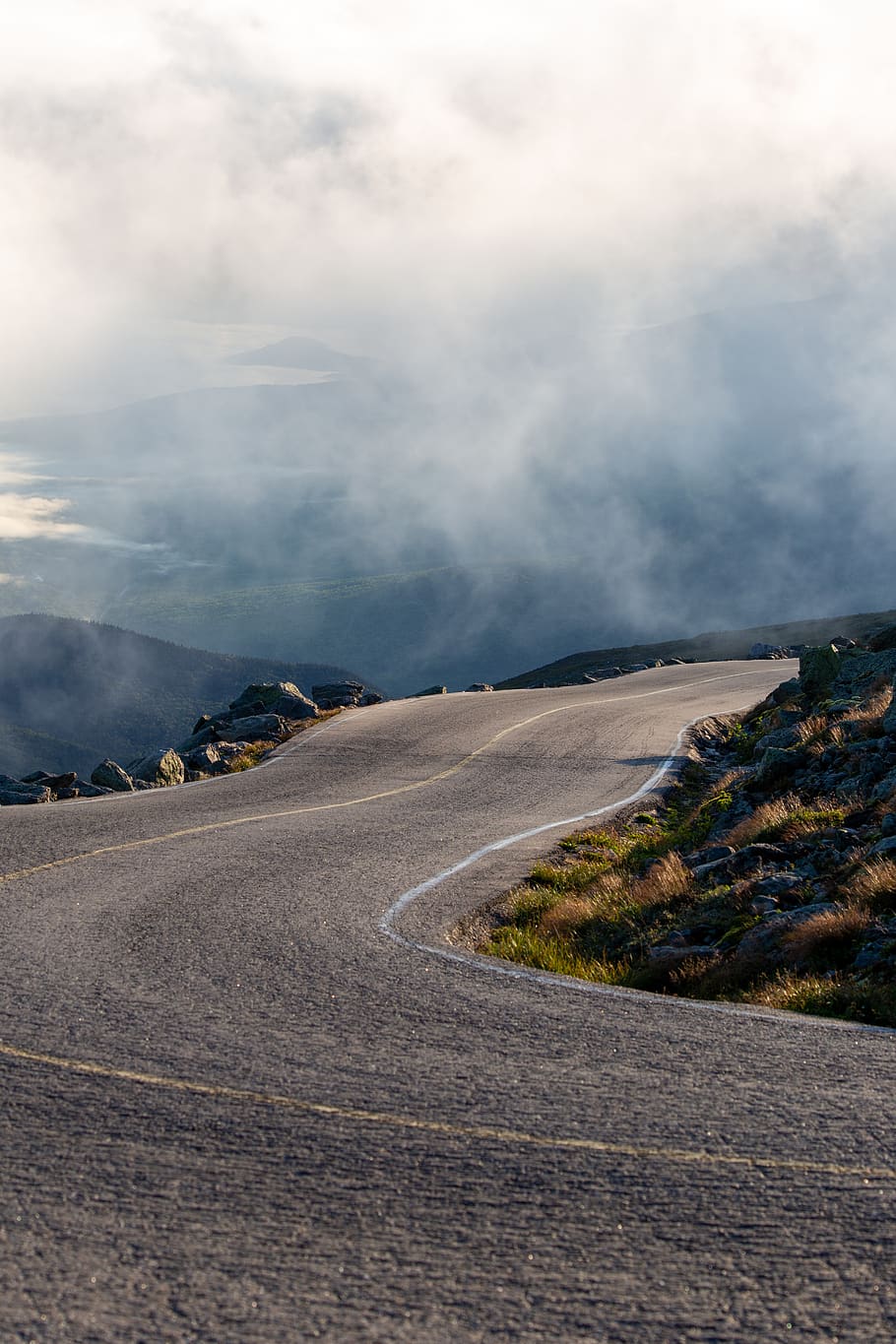 misty, mountain, road, curvy, fog, clouds, sky, driving, cliffs, nature